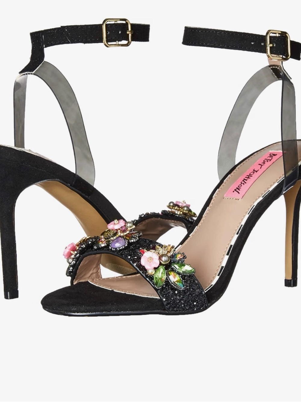 Betsey Johnson ALYNA ๐ธ๐ชป๐บBlack Floral Jewel Ankle-Strap Heels